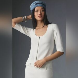 Maeve Anthropologie Ivory Ribbed Top Front-Zip, Scoop Neck, 3/4 Sleeves, Size S